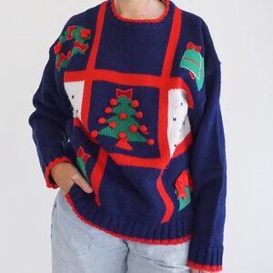 VTG Karen Scott Navy Red Holiday Patchwork Ornament Christmas Sweater Winter M